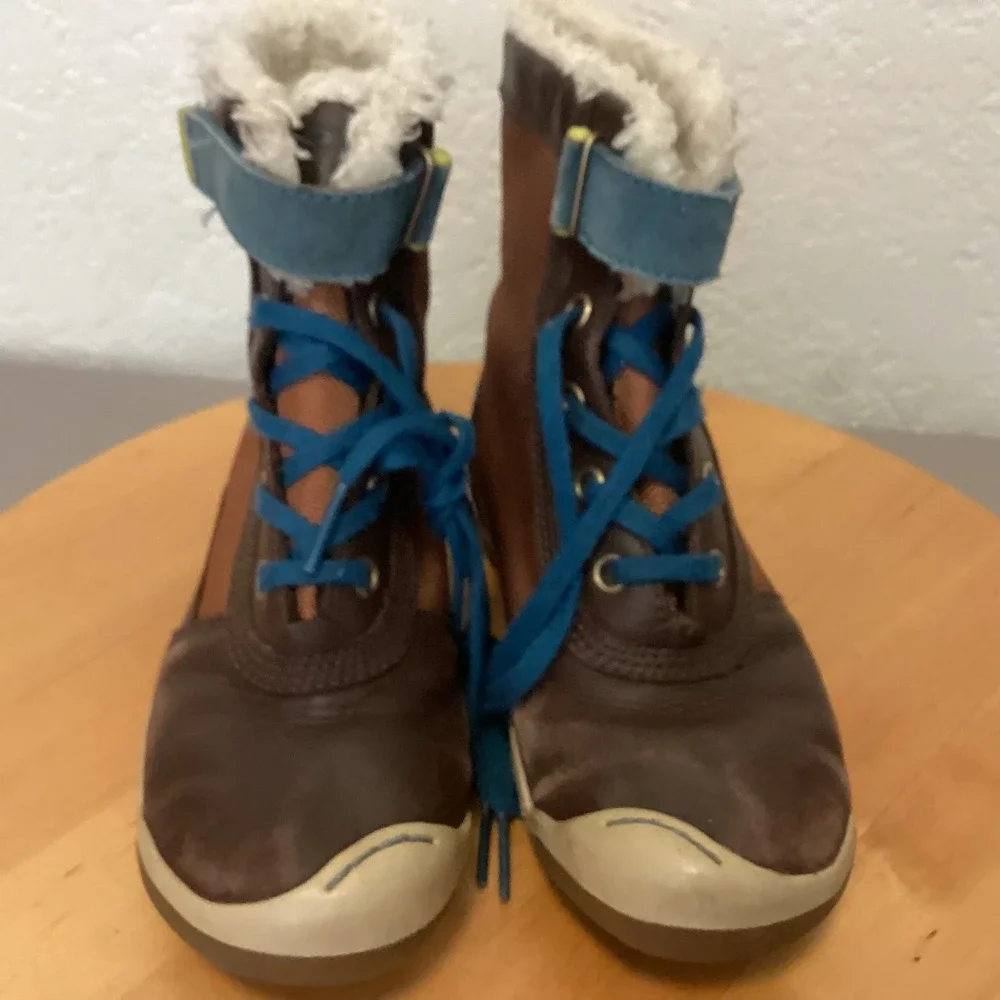 Plae‎ Noel Waterproof Boots Kids Size 12 Brown Blue Leather eVent Winter Shoes